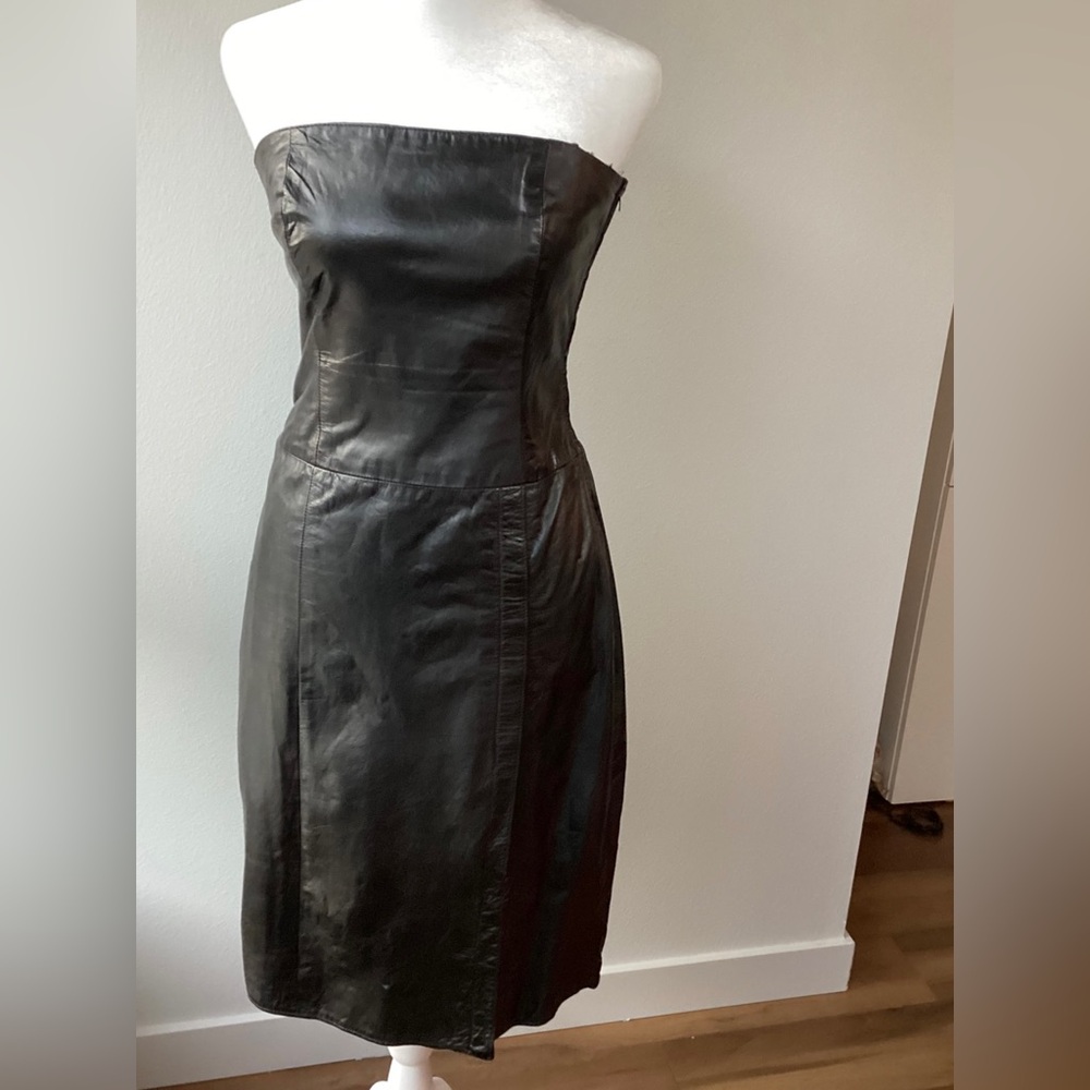 Vakko x Cache Vintage Strapless Leather Dress size 8 black. Vintage